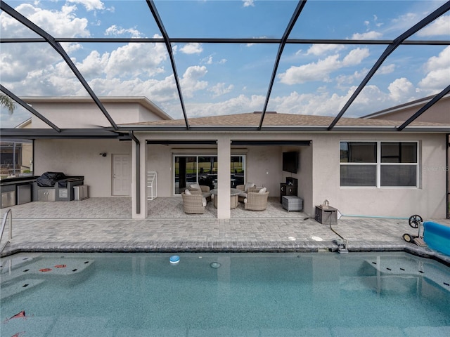 back of house featuring an outdoor hangout area, a patio, and glass enclosure