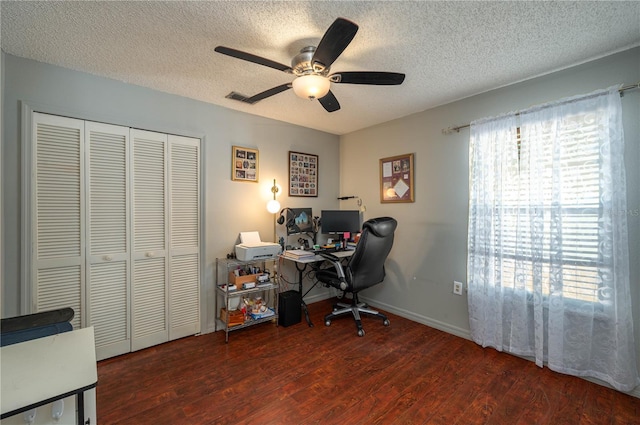 office space featuring ceiling fan, dark hardwood / wood-style flooring, and a textured ceiling