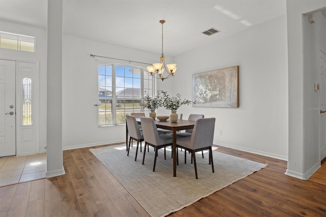 dining space featuring an inviting chandelier and wood-type flooring