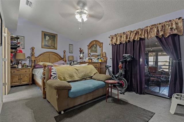 carpeted bedroom with vaulted ceiling, access to outside, ceiling fan, and a textured ceiling