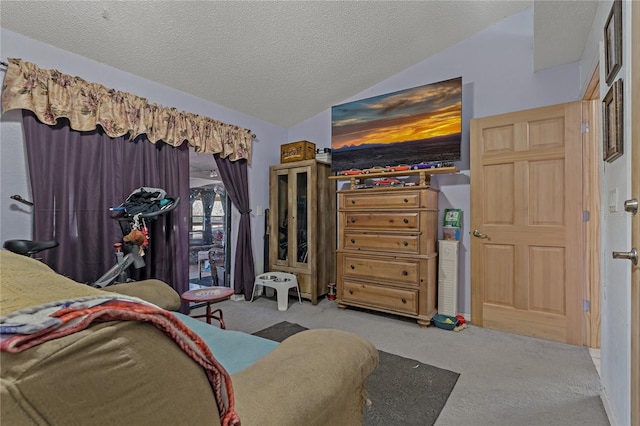 carpeted bedroom featuring vaulted ceiling, access to outside, and a textured ceiling