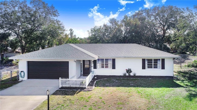 single story home with a garage and a front yard