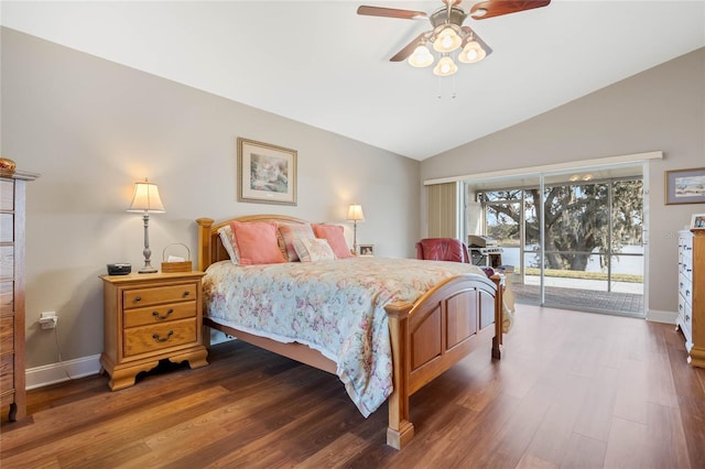 bedroom featuring hardwood / wood-style flooring, ceiling fan, vaulted ceiling, and access to outside