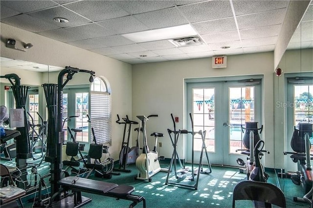 exercise room with a drop ceiling, plenty of natural light, and french doors