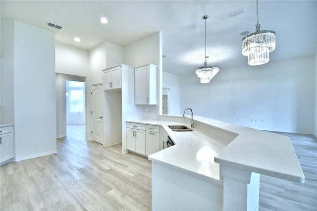 kitchen featuring sink, hanging light fixtures, light hardwood / wood-style floors, white cabinets, and kitchen peninsula