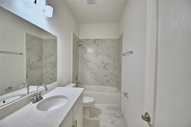 full bathroom featuring tiled shower / bath, vanity, and toilet