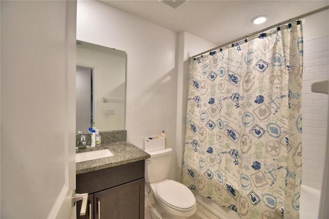 full bathroom with vanity, toilet, and shower / bathtub combination with curtain