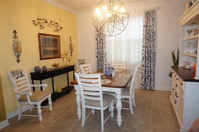 tiled dining room with an inviting chandelier and crown molding