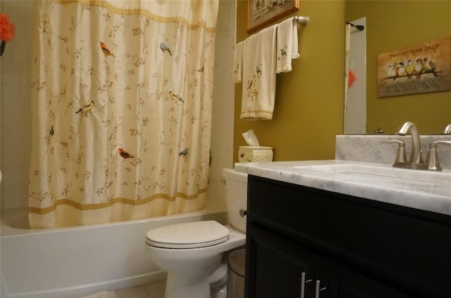 full bath featuring vanity, shower / bath combination with curtain, toilet, and tile patterned flooring