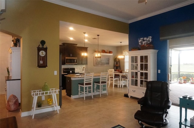 living room featuring a ceiling fan and ornamental molding