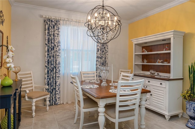 dining room featuring light tile patterned floors, ornamental molding, and a notable chandelier
