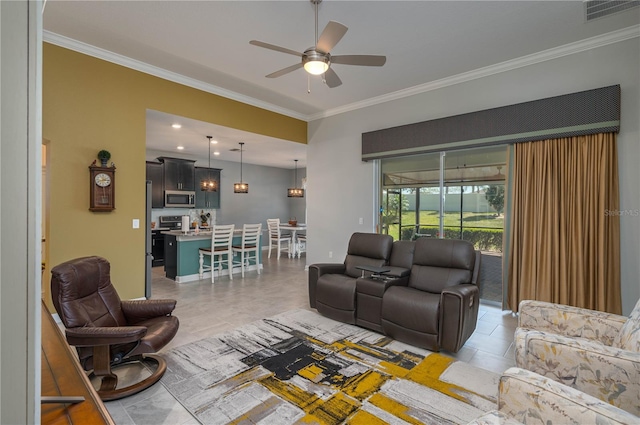living area with ceiling fan, visible vents, and crown molding