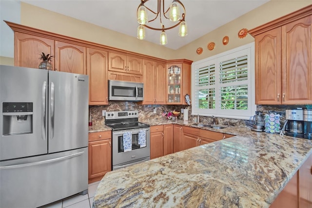 kitchen featuring stainless steel appliances, decorative light fixtures, sink, and decorative backsplash