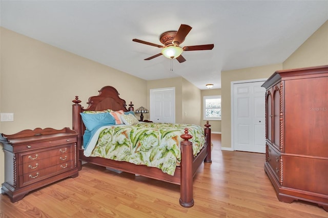 bedroom featuring light hardwood / wood-style flooring and ceiling fan