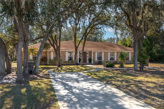 ranch-style home with brick siding and a front yard