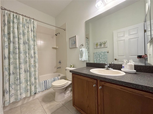 full bathroom with shower / bath combo with shower curtain, tile patterned floors, toilet, and vanity