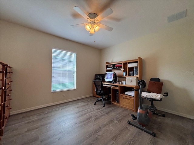 office featuring wood-type flooring and ceiling fan