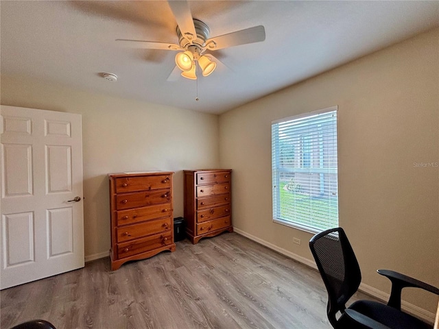 home office with light hardwood / wood-style floors and ceiling fan