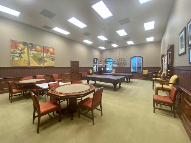 rec room featuring pool table and light colored carpet