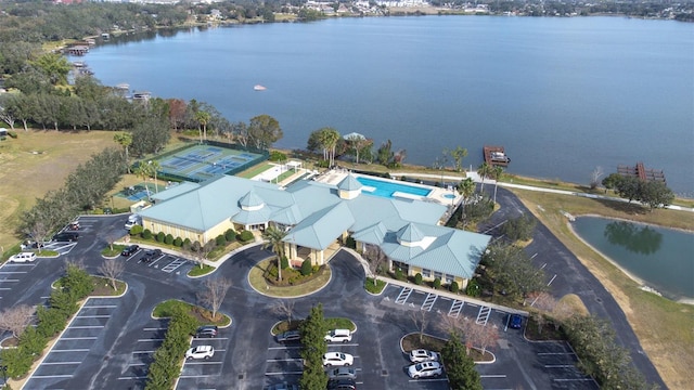 aerial view featuring a water view