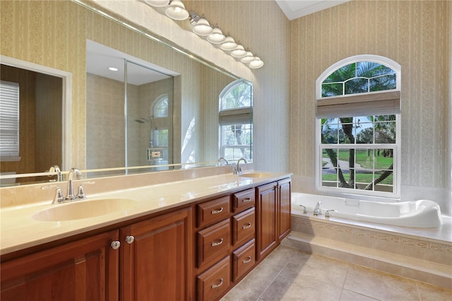 bathroom with a tub to relax in, tile patterned floors, a healthy amount of sunlight, and vanity