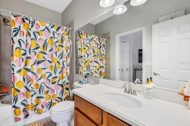 full bathroom with tile patterned floors, vanity, toilet, and shower / bath combo with shower curtain