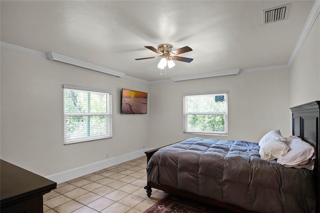 tiled bedroom featuring multiple windows, crown molding, and ceiling fan