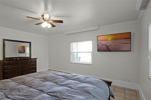 tiled bedroom with crown molding and ceiling fan