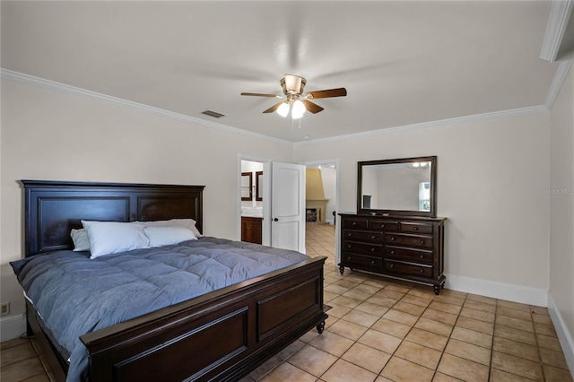 tiled bedroom with ceiling fan, ornamental molding, and connected bathroom