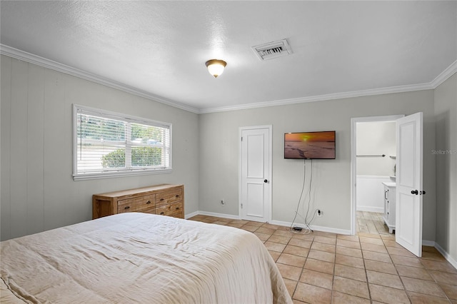 bedroom featuring crown molding and light tile patterned flooring