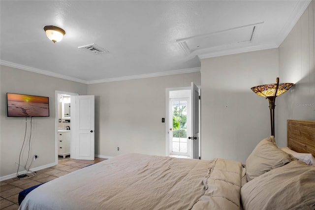 tiled bedroom featuring ornamental molding