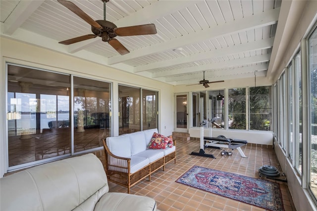 sunroom featuring beamed ceiling, wood ceiling, and ceiling fan