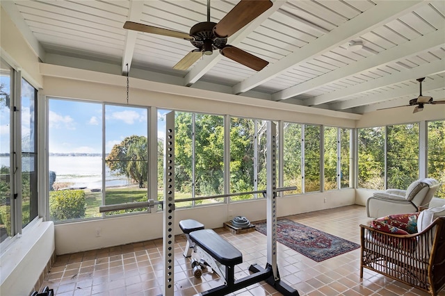 sunroom featuring ceiling fan, wood ceiling, and beam ceiling