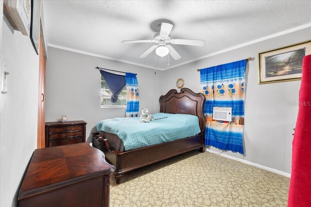 bedroom featuring crown molding, a textured ceiling, and carpet