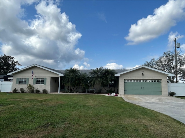 ranch-style house with a garage and a front lawn