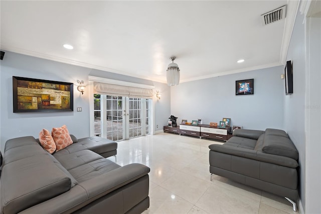 tiled living room with french doors and ornamental molding