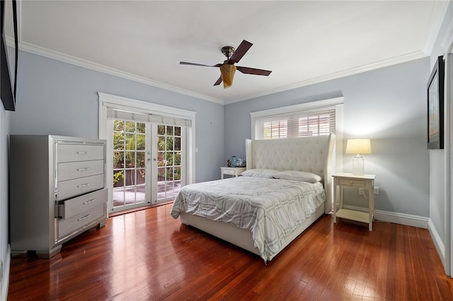bedroom with dark hardwood / wood-style floors, access to exterior, ceiling fan, crown molding, and french doors