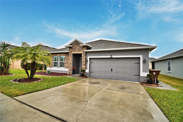 ranch-style home featuring a garage and a front yard