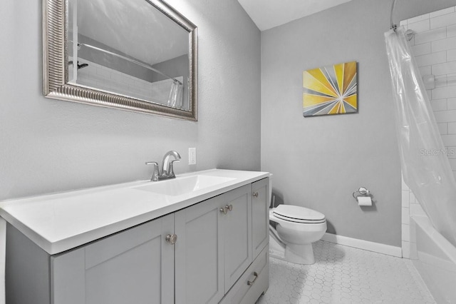 full bathroom with vanity, tile patterned flooring, toilet, and shower / bathtub combination with curtain