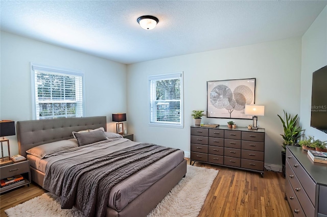 bedroom with multiple windows and light hardwood / wood-style flooring