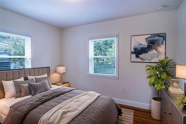 bedroom featuring multiple windows and dark wood-type flooring