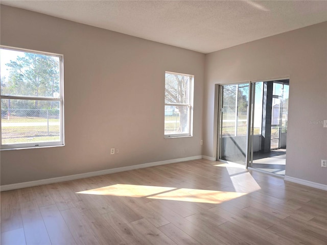 empty room featuring a healthy amount of sunlight, a textured ceiling, and light wood-type flooring