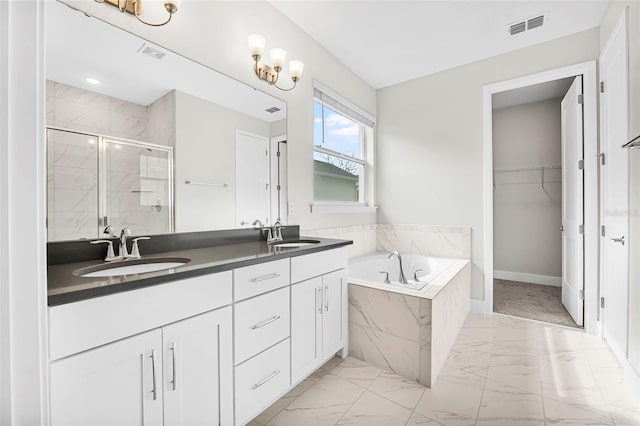 bathroom with vanity and separate shower and tub