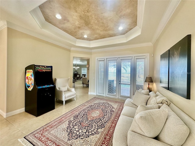 tiled living room with a raised ceiling and crown molding