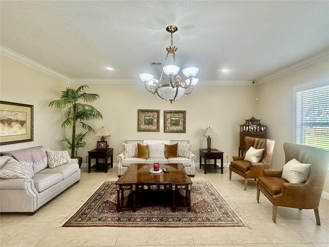 living room with a notable chandelier, crown molding, and a textured ceiling