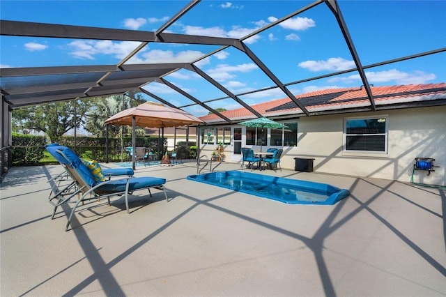 view of swimming pool with a patio area and glass enclosure