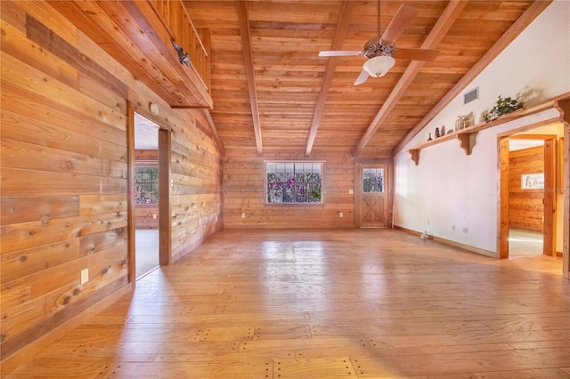 unfurnished room featuring wooden walls, visible vents, lofted ceiling with beams, wood ceiling, and light wood-style floors