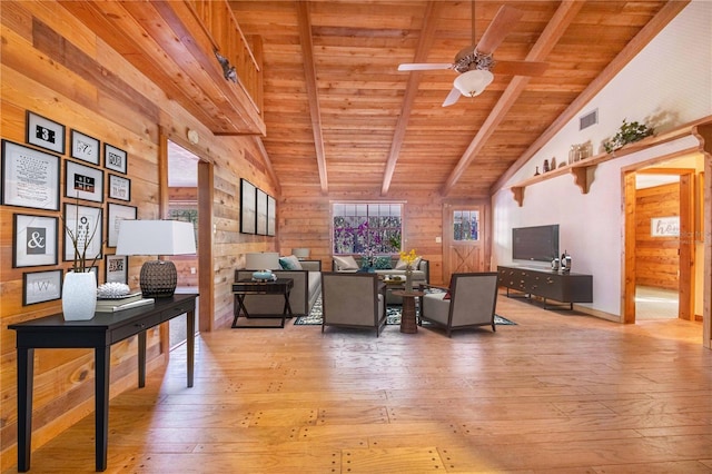 living room featuring light wood-style flooring, vaulted ceiling with beams, wood ceiling, and visible vents