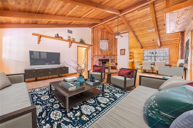 living room featuring visible vents, lofted ceiling with beams, wood walls, a fireplace, and wood ceiling