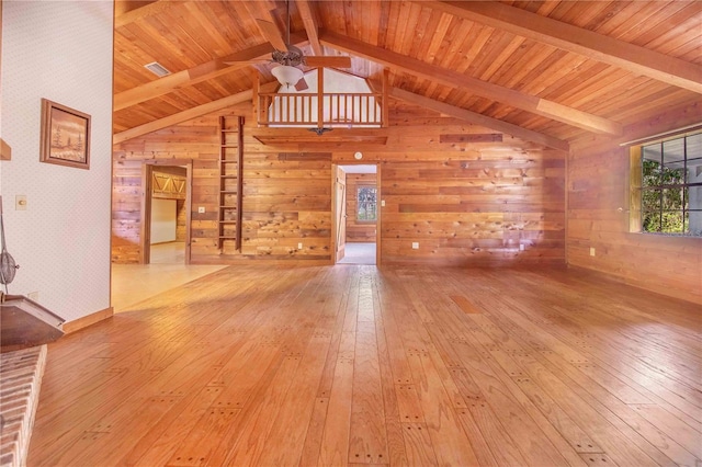 unfurnished living room featuring wood ceiling, lofted ceiling with beams, ceiling fan, and wood-type flooring